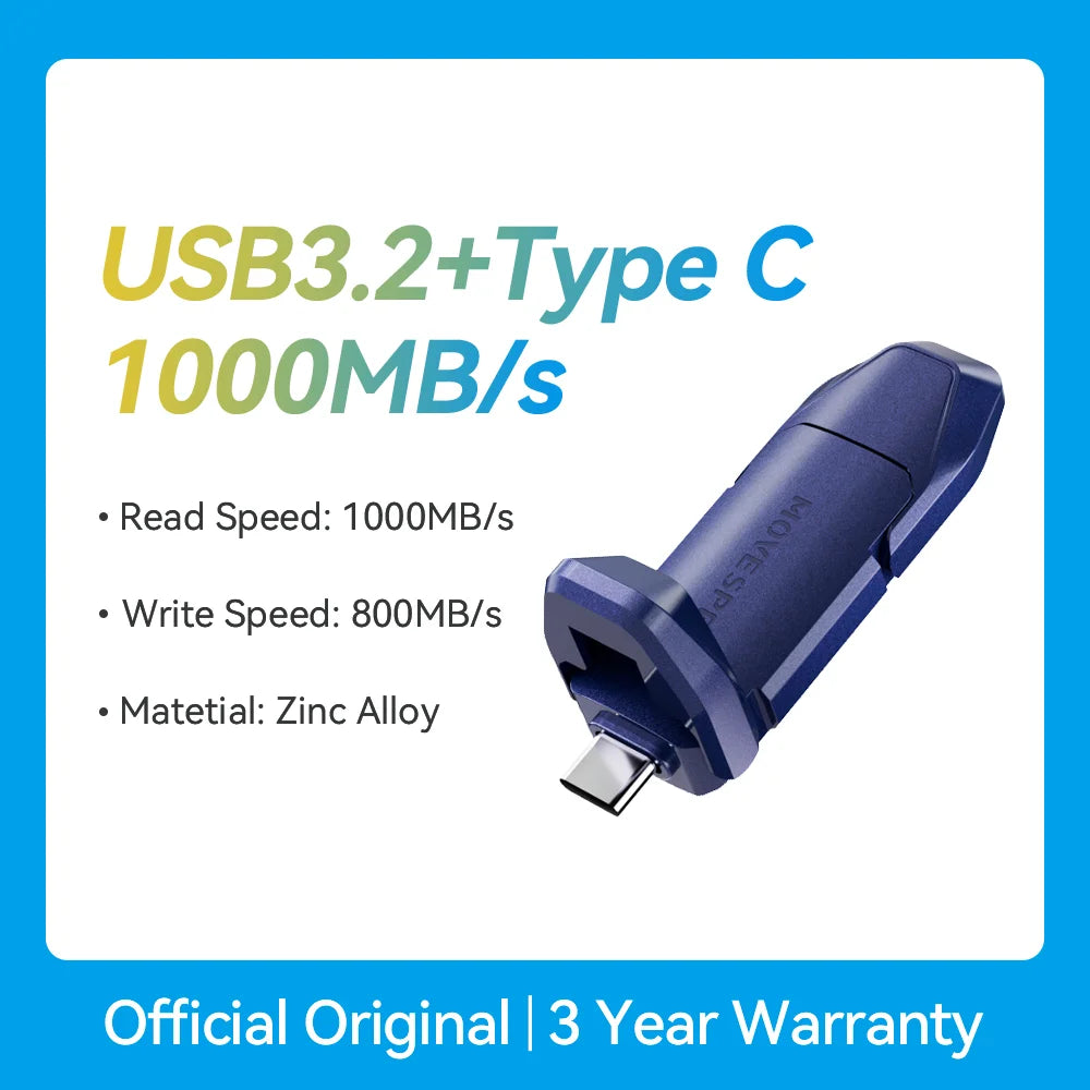 MOVESPEED 1000MB/s USB3.2 Gen 2 Type C Solid State Pen Drive - 1TB, 512GB, 256GB, 128GB for PC, Smartphone & Tablet