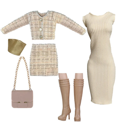Elegant 1/6 Doll Outfit – Pink Houndstooth Dress, Hat, Gold Belt, Handbag & Shoes Set