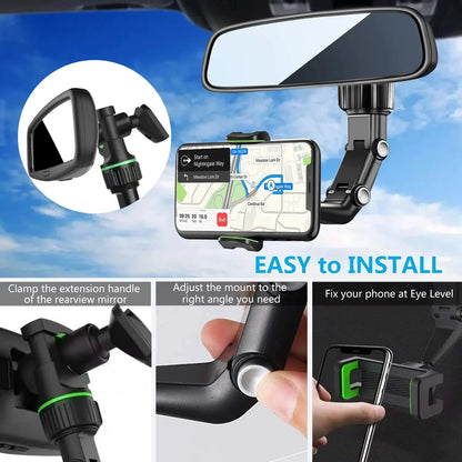 Rearview Mirror Phone Holder for Car - 360° Rotating GPS Mount, Universal Car Phone Holder for All Smartphones