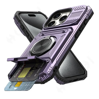 Magnetic Ring Kickstand iPhone Case – Heavy Duty Drop Protection Wallet Cover for iPhone 16/15/14/13/12/11 Pro Max, XS, XR, 8 & 7 Plus
