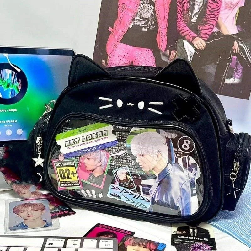 Y2K Korean Kawaii Cat Ita Bag — Cute PU Transparent Shoulder & Crossbody Bag for Girls, Harajuku Style Backpack