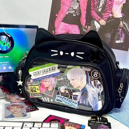 Y2K Korean Kawaii Cat Ita Bag — Cute PU Transparent Shoulder & Crossbody Bag for Girls, Harajuku Style Backpack