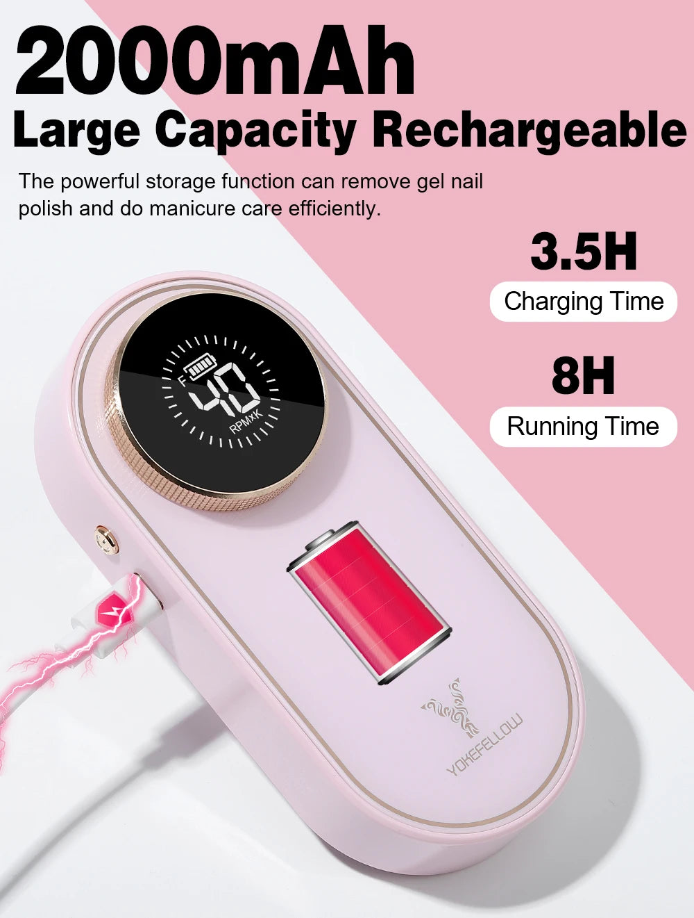 YOKEFELLOW Professional Nail Drill – 40000RPM Rechargeable Electric Nail E-File, Cordless for Acrylic & Gel Nails