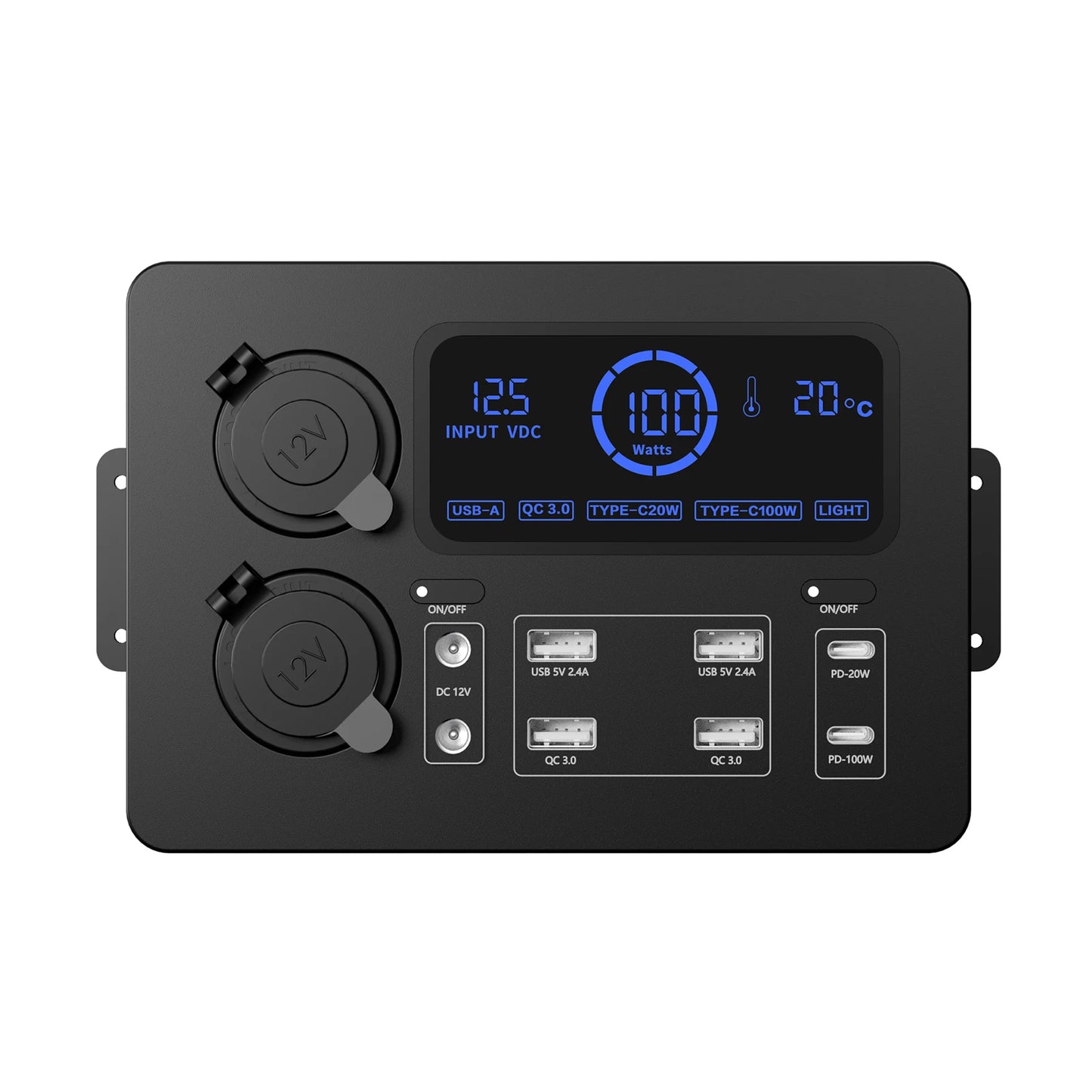 Mini Power Box 12V 100W | LCD Display, LED Lights, USB-C & QC3.0 Ports | Portable Control Hub for RVs, SUVs, Boats