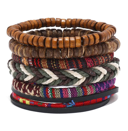 4Pcs Men's Braided Leather Bracelets Set – Vintage Life Tree & Rudder Charms, Wood Beads, Ethnic Tribal Wristbands