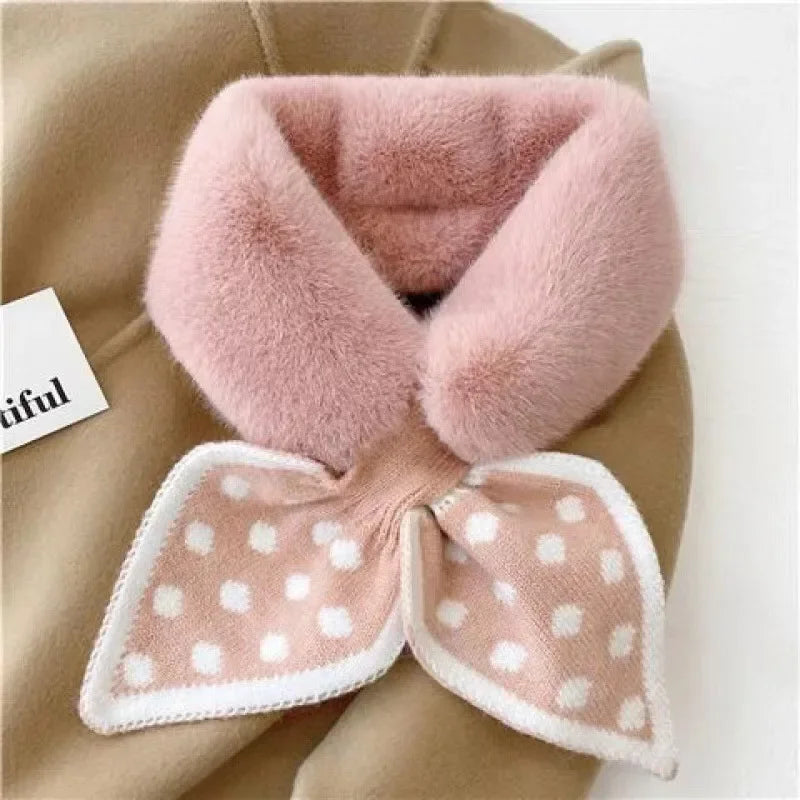 Women’s Winter Faux Fur Scarf - Warm Plush Rabbit Fur Collar Snood with Wool Stitching