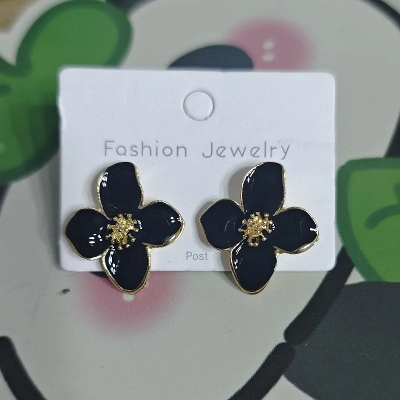 Hibiscus Flower Dropped Glaze Stud Earrings — French Vintage 2024 Fashion Jewelry for Women & Girls, Romantic Wedding Gift