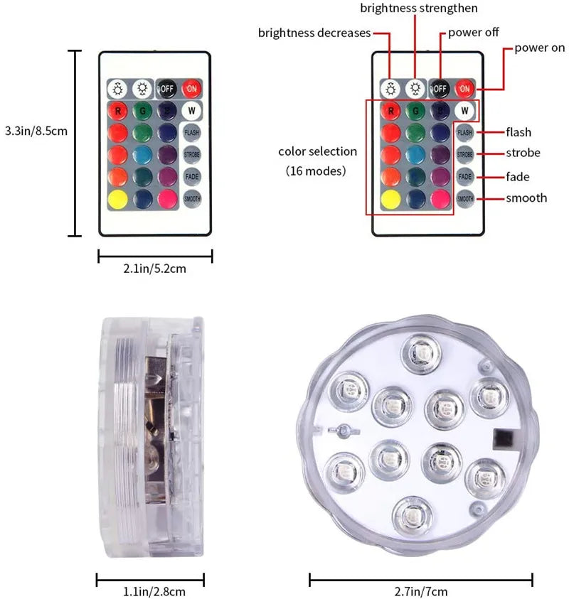10LED RGB Submersible LED Light – Battery Operated Underwater Night Lamp for Pool, Garden, Wedding & Vase Decorations