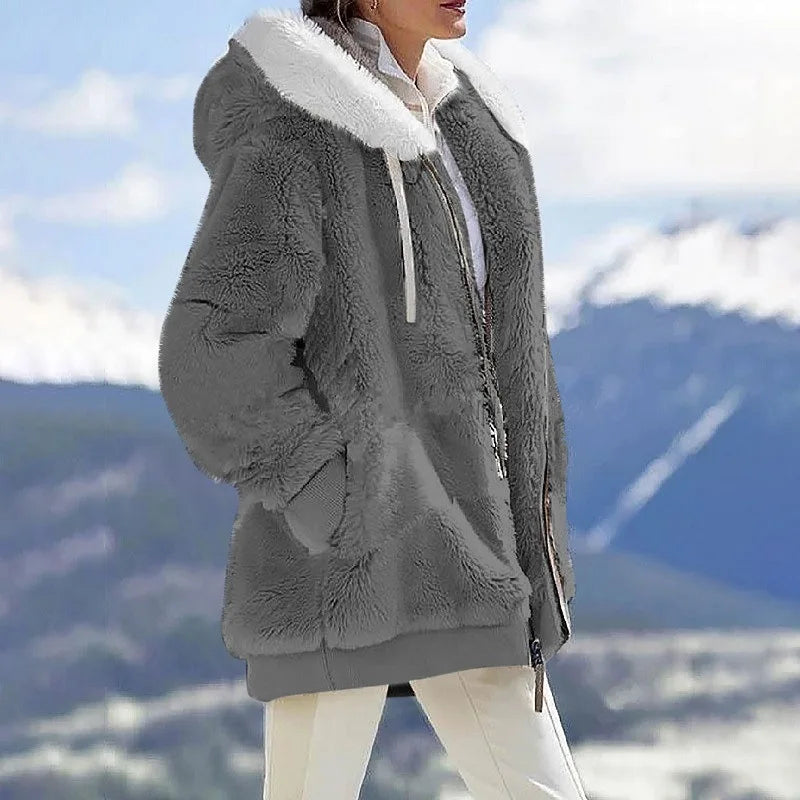 Autumn Winter Women's Hooded Coat – Casual Zipper Cashmere Fleece Jacket Solid Color Ladies Outerwear