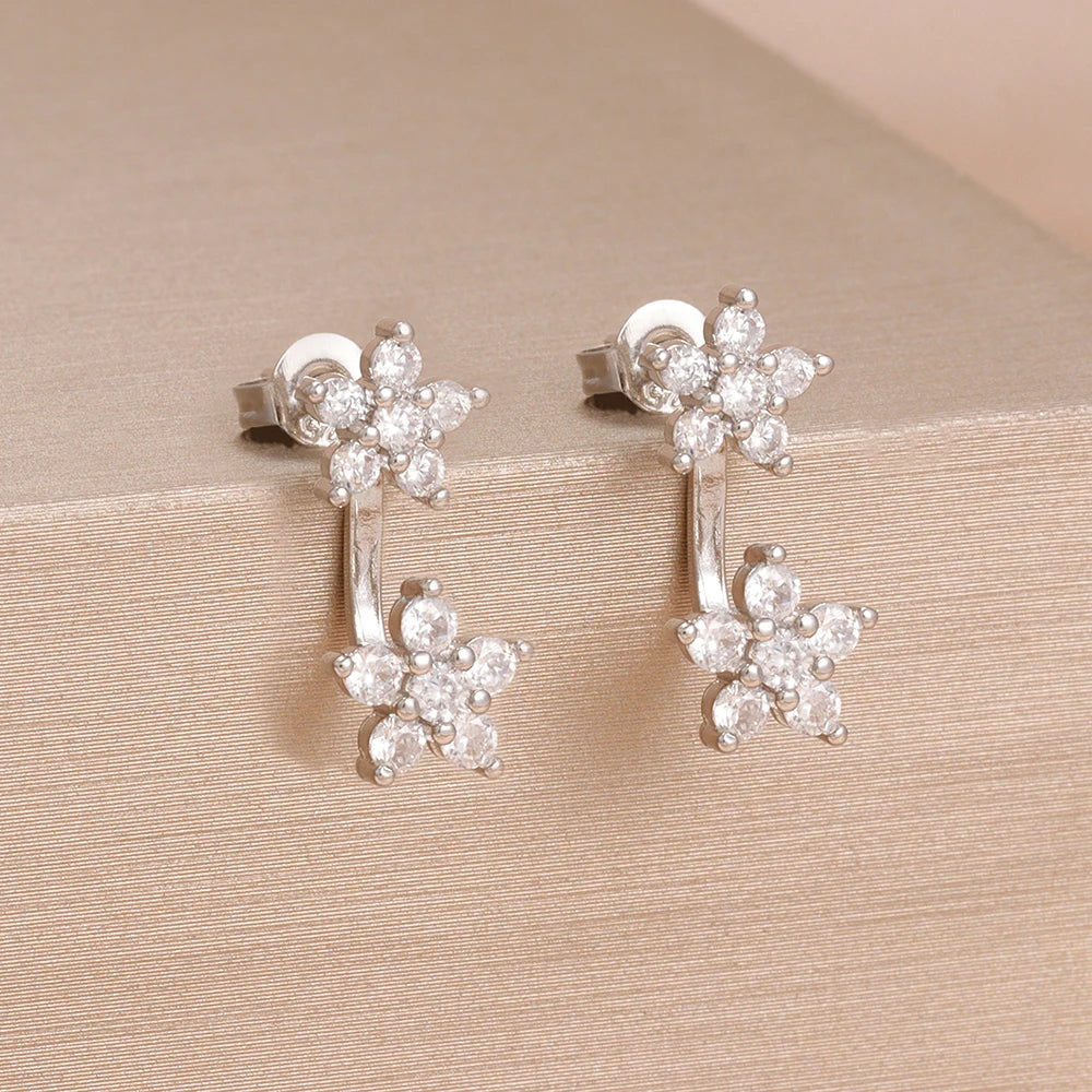 French Design Double Flower Dangle Earrings – Stainless Steel Crystal Cartilage Piercing Jewelry for Women