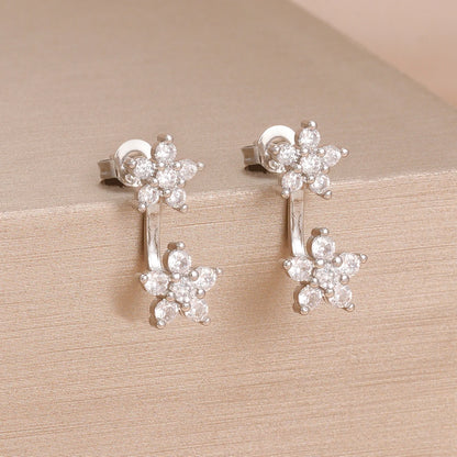 French Design Double Flower Dangle Earrings – Stainless Steel Crystal Cartilage Piercing Jewelry for Women