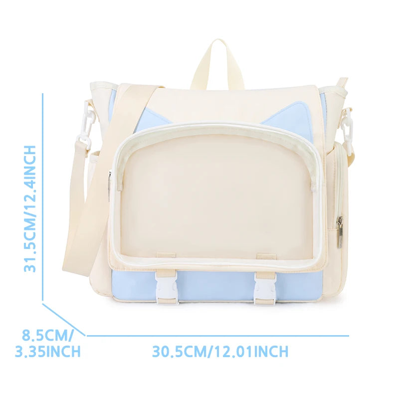 TINYAT Y2K Ita Bag — Waterproof Transparent School Backpack & Crossbody Bag for Girls with Cute Cat Ears