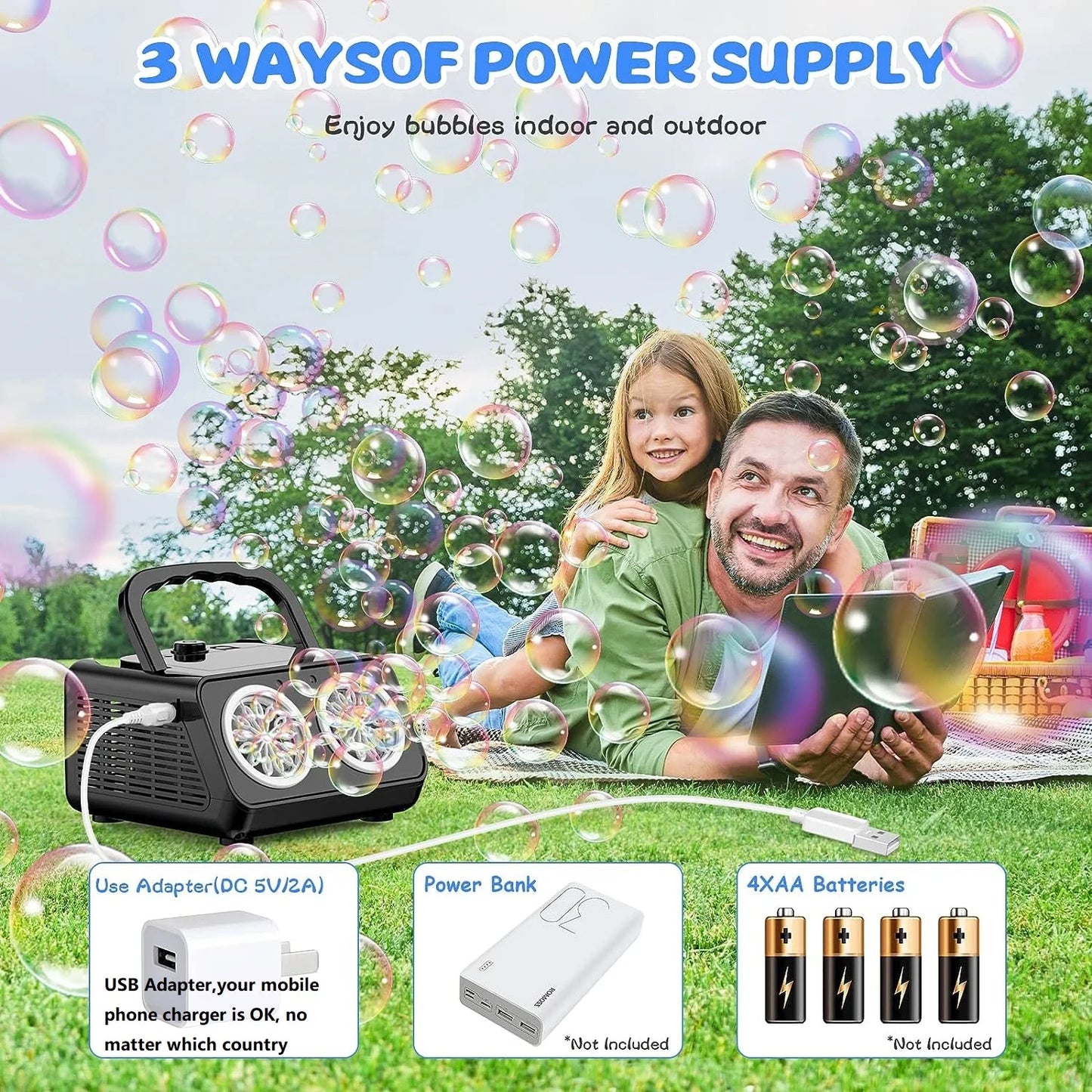 Upgrade Automatic Bubble Machine: 2-Fan Bubble Blower, 50000+ Bubbles Per Minute - Portable Bubble Maker for Kids