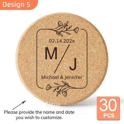 30-Piece Personalized Cork Coaster Set - Custom Tie Design Wedding Favors, Bridal Shower Gifts and Corporate Party Keepsakes