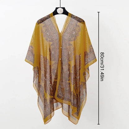 Women’s Summer Beach Shawl – Loose Chiffon Bikini Cover-Up Blouse with Buttons Sun Protection Scarf