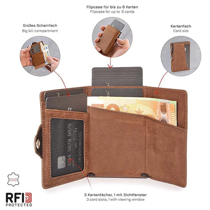 Pop-Up Credit Card Case with RFID Protection – Genuine Leather Wallet for Men & Women, Compartment for Notes and Coins