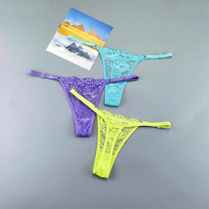 Women's Transparent Lace Thong Set - 3PCS Adjustable Low Waist Sexy T-Back Underwear