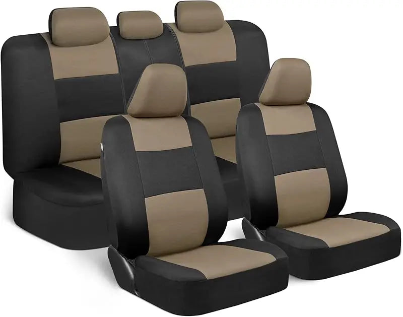 Universal Beige Car Seat Covers Full Set - Easy-Install Front and Rear Split Bench Seat Protectors for Cars, Trucks, SUVs, and Vans