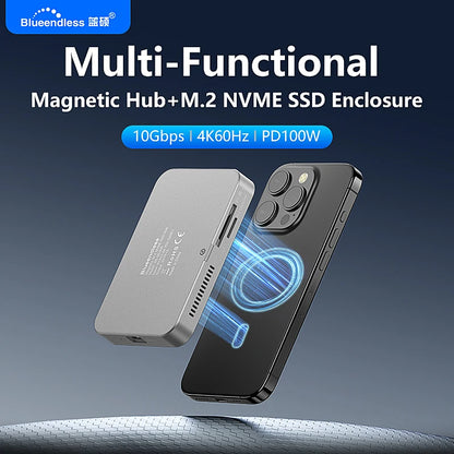 Blueendless Magnetic NVMe SSD Docking Station M.2 2230/2242/2280 – 10Gbps USB-C Hub with 100W PD, 4K@60Hz HDMI & Cooling Fan