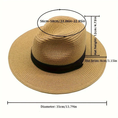 Unisex Straw Fedora Hat - Summer Beach Ribbon Jazz Style Sun Hat for Men & Women