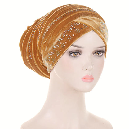 Women’s Glitter Diamond Turban Cap - Soft Velvet Pleated Head Wrap Muslim Headscarf Bonnet Beanie Cap