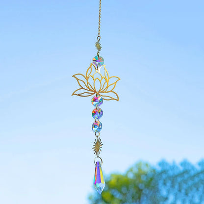 Metal Lotus & Crystal Suncatcher Charm – Handmade Wind Chime Pendant for Home, Garden, and Outdoor Decoration
