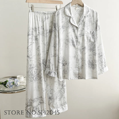 Fashion Floral Print Satin Pajamas Set for Women – Spring Summer Loose Sleepwear Loungewear Homewear Suit