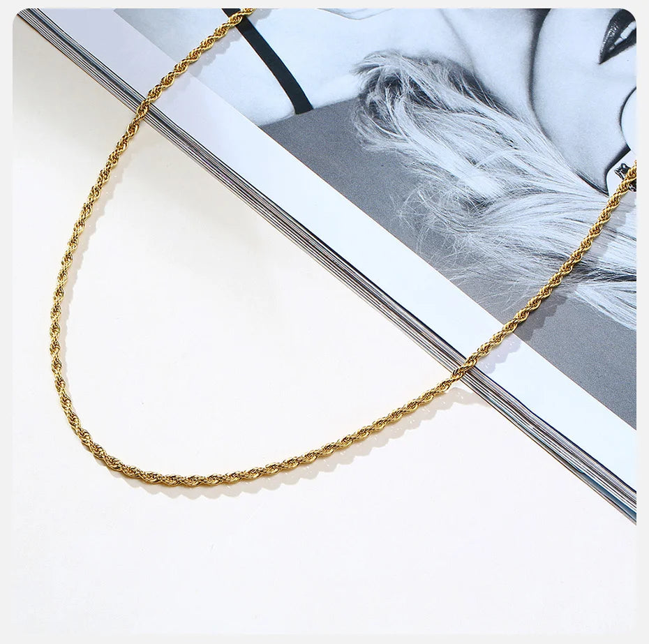 Vnox Dainty Gold Color Rope Chain Necklace – Chic Twisted Collar for Men & Women, Waterproof Stainless Steel, 2-5mm Width