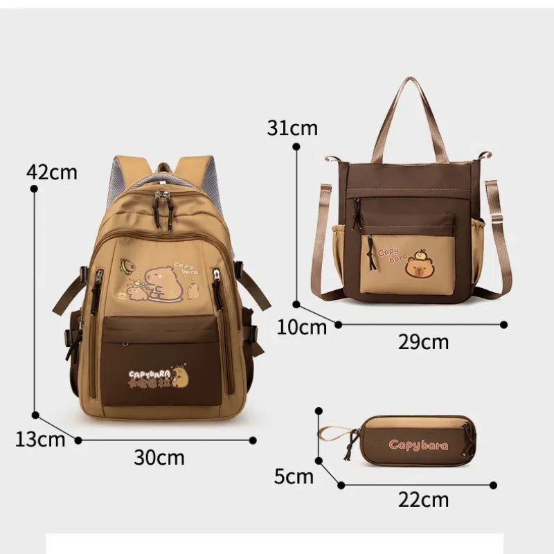 Kawaii Capybara School Backpack Set – Cute Girls Casual Daypack, Kids Bookbag & Travel School Bag Set