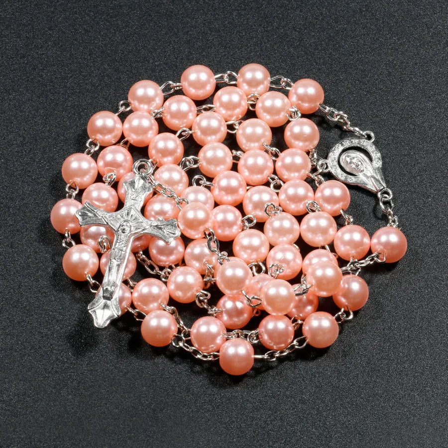 Faux Pearl Rosary Necklace – Virgin Mary & Jesus Cross Pendant Long Bead Chain Religious Fashion Jewelry for Women