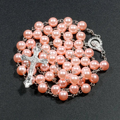 Faux Pearl Rosary Necklace – Virgin Mary & Jesus Cross Pendant Long Bead Chain Religious Fashion Jewelry for Women