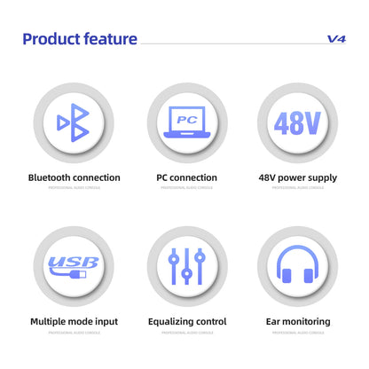 V4 4-Channel Audio Interface Mixer — USB & Bluetooth with 48V Phantom Power, Effects & Recording