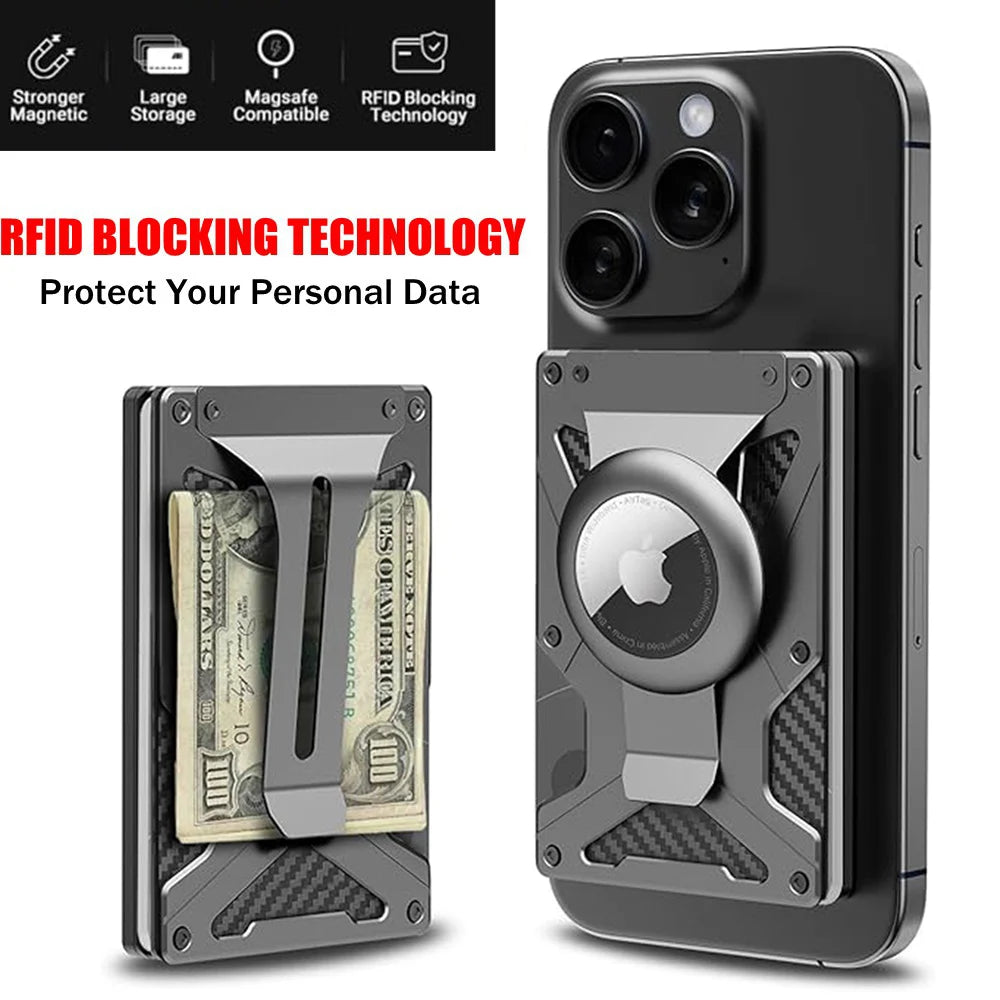 MagSafe Wallet & Money Clip with AirTag Holder + Magnetic Sheet — Fits Magnetic & Non-Magnetic Phones