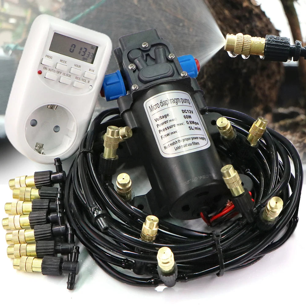 60W Self-Priming Misting Pump Kit 30–10m Cooling System with Adjustable Nozzle Atomizer for Garden Irrigation & Watering System