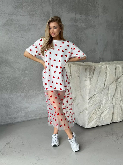 Hirsionsan Heart Mesh Patchwork Vintage T-Shirt – Y2K Aesthetic Streetwear Women’s Casual Cotton Short Sleeve Top