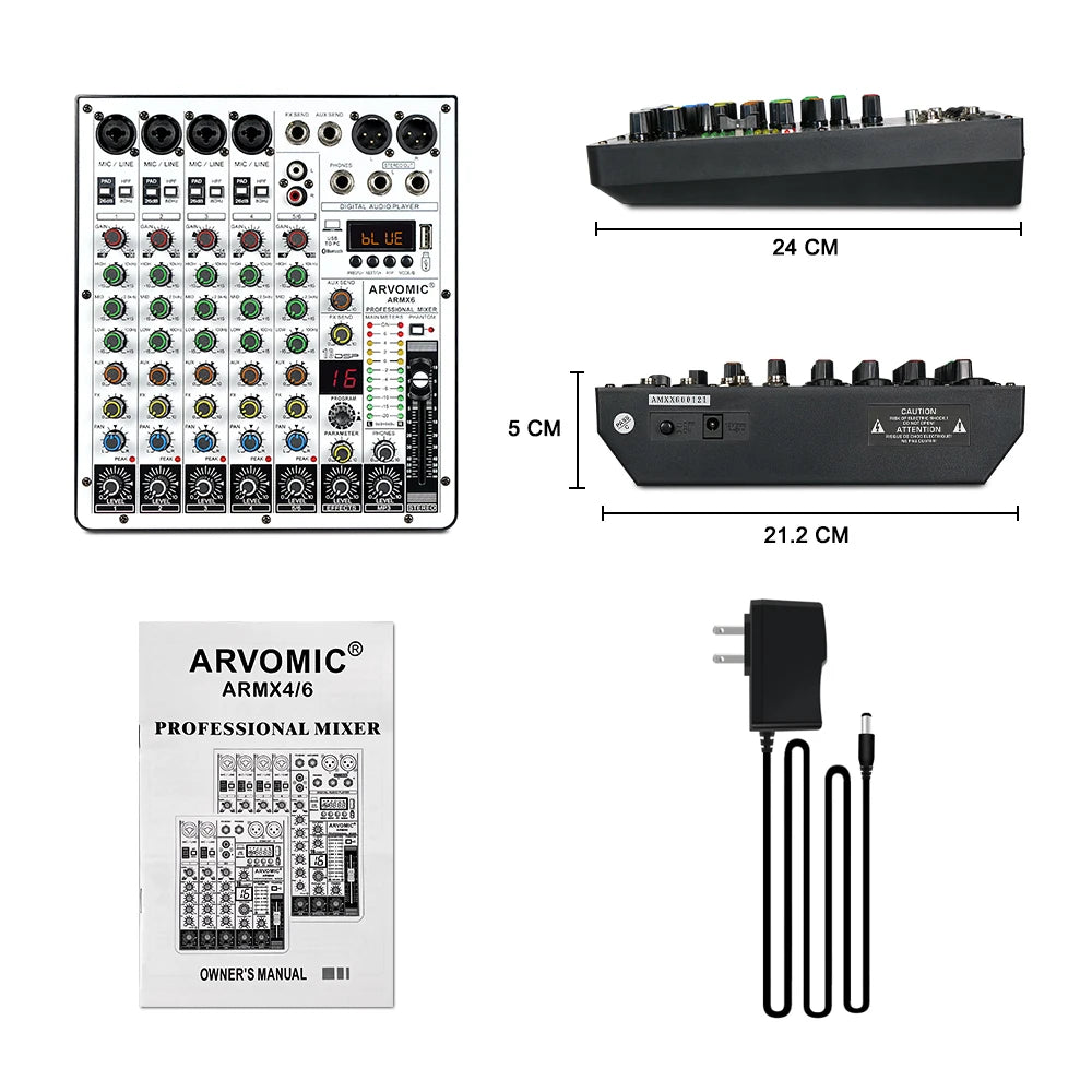 ARVOMIC 6 Channel DJ Audio Mixer – USB Interface, Bluetooth, 16 DSP Effects, 3-Band EQ (ARMX-6)