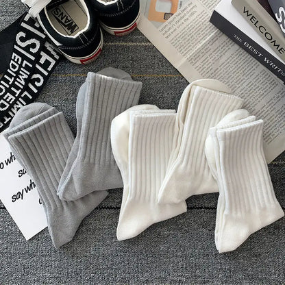 5 Pairs Cool Men's Socks Set – Black & White, Warm Autumn/Winter Sport Short Socks, Solid Color for Men