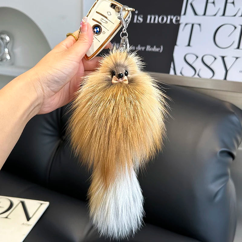 2024 Cute Real Fox Fur Plush Keychain – Pompom Bag Pendant & Car Key Ring Toy for Girls
