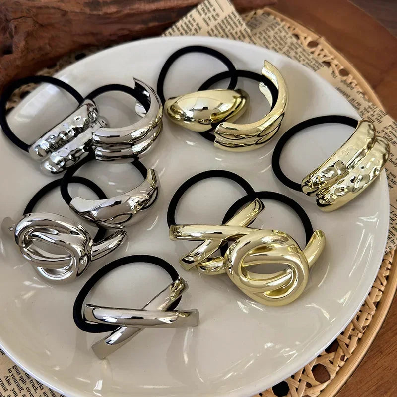 3PCS Geometric Hair Ties — Elastic Rubber Bands with Gold & Silver Metal Charms, Hair Cuffs for Women & Girls Accessories