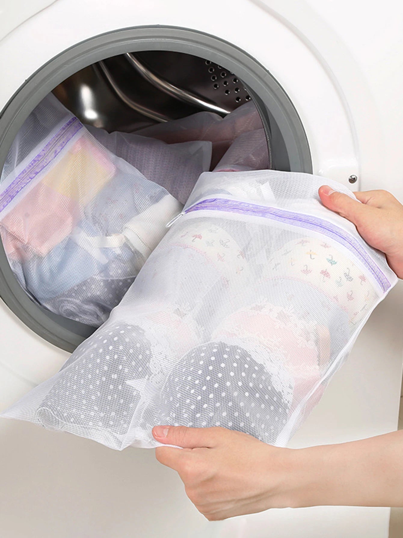 3-Piece Purple Mesh Laundry Bag Set — Zippered Clothes Washing Care Bags