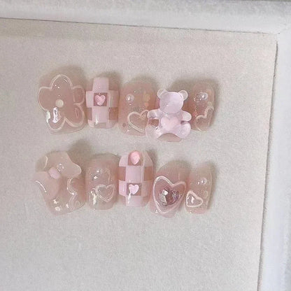 10 Pcs Pink Handmade Press-On Nails – Full Cover Bear & Heart Design with Rhinestones, Short Round Manicure Tips