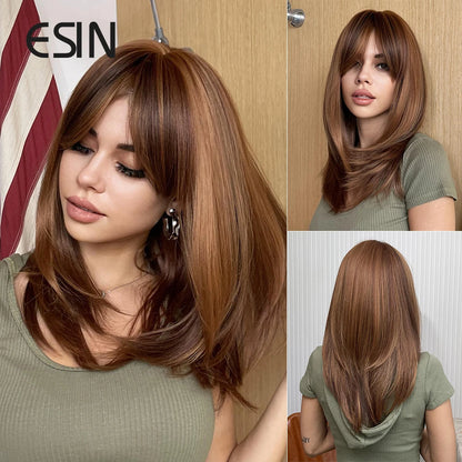 ESIN Synthetic Dark Brown Wig for Women - Long Wavy Wig with Bangs, Heat Resistant for Party & Daily Use