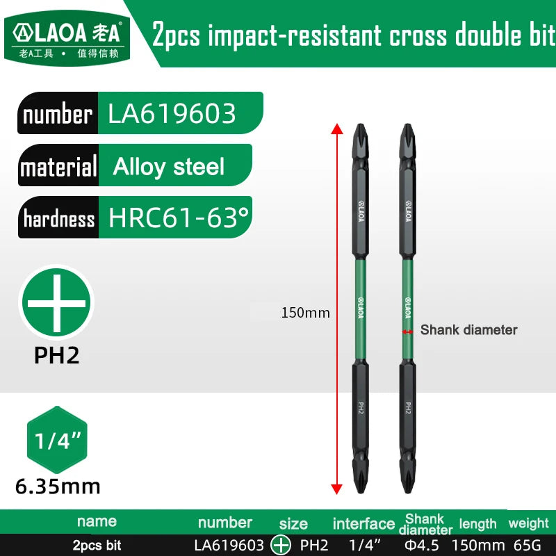 LAOA 2-Piece Alloy Steel Magnetic Impact Driver Bits - Impact-Resistant Cross & Hex Socket Bits