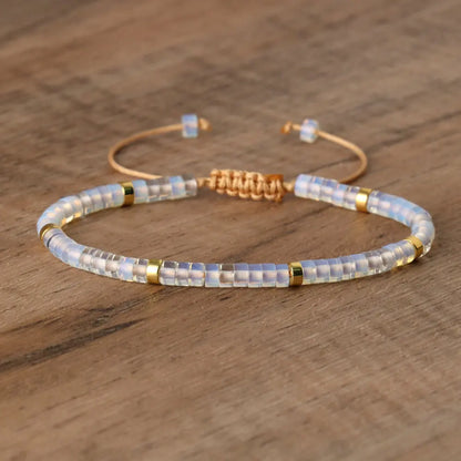 Natural Blue Emperor Stone Beaded Bracelet – Polished Block Beads, Adjustable Woven Rope Women’s Gift Jewelry