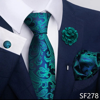 Luxury Men's Floral Black and Gold Tie Set - Paisley Necktie with Pocket Square, Cufflinks and Brooch for Weddings and Parties