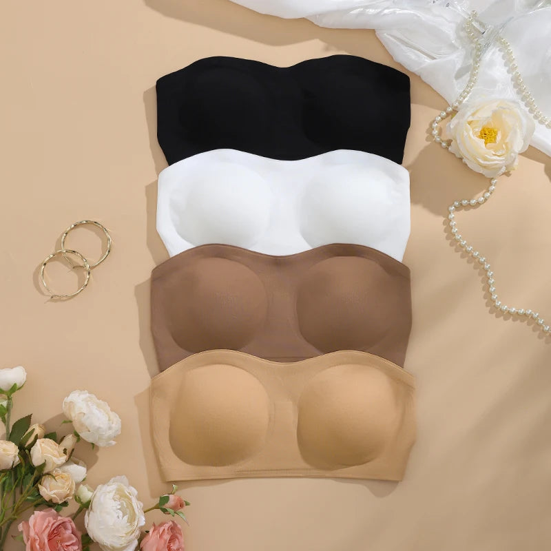 YMQJ Removable Padded Seamless Bra - Soft Ice Silk Wire-Free Strapless Bra for Women, 1 or 3 Pack