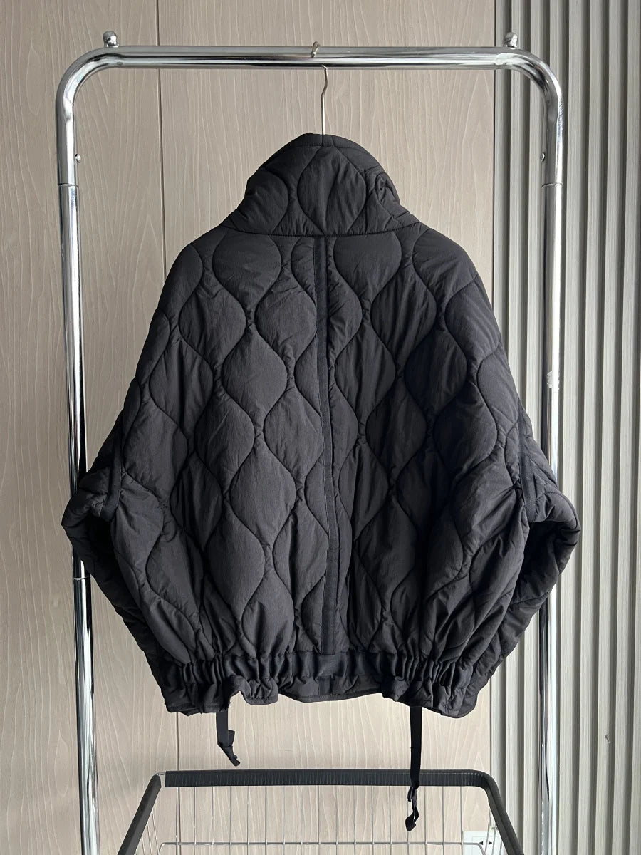 2024 ETJ Quilted Women's Coat – Beige Drawstring High Neck Jacket with Ties & Pockets
