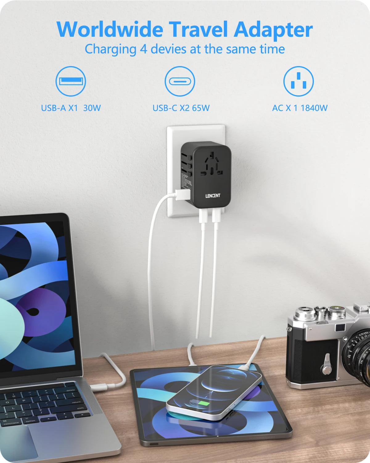 LENCENT 65W/100W GaN Fast Charging International Travel Adapter - 2 USB and 3 Type-C Ports, Includes EU, AU, US, UK Plugs