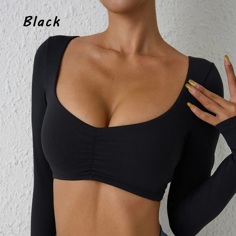 DIAS FIT JOY Women’s Nylon Gym Top – Long-Sleeve Pleated Yoga & Sports T-Shirt, Waist-Fitting Activewear