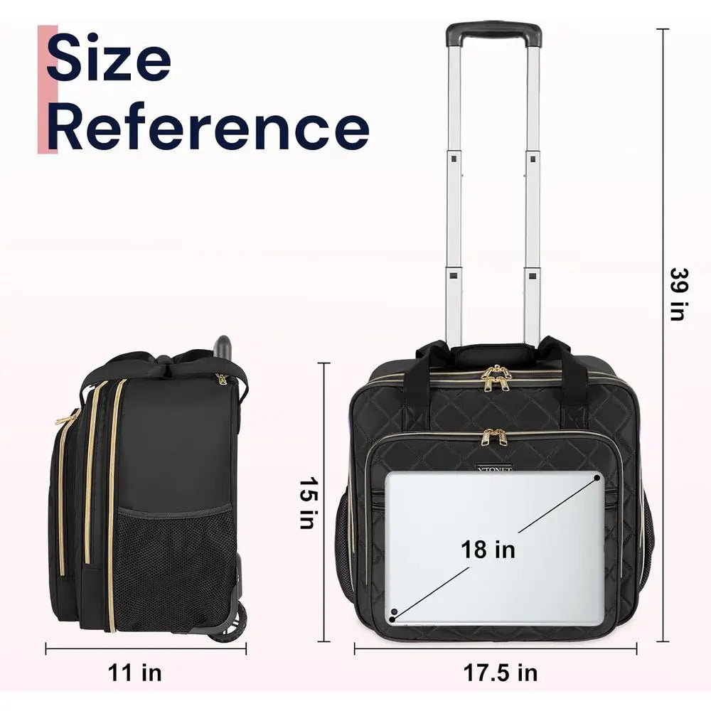 Extra Large 18" Laptop Rolling Bag for Women – Black Travel, Work & College Bag with Wheels